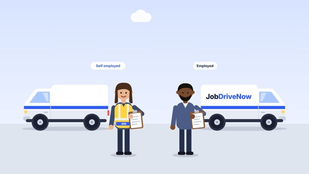 Two delivery drivers comparing paperwork beside their vans