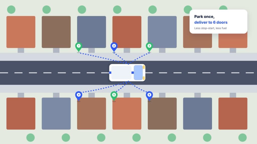 Map showing a van parked centrally with walking routes to several houses