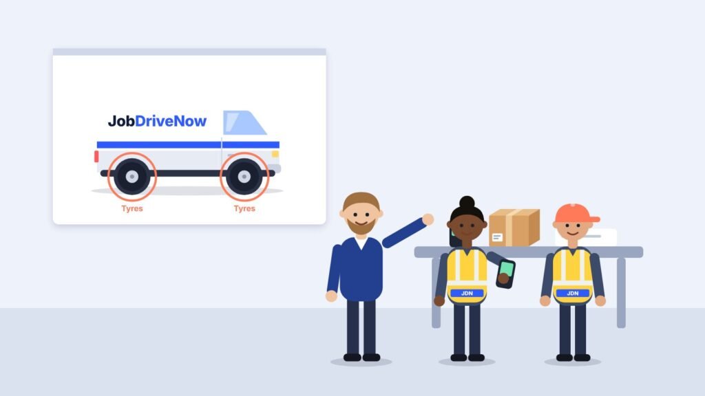 Trainer showing a new driver how to use a delivery scanner