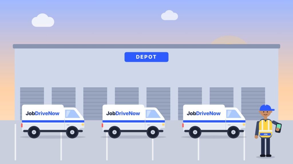 Delivery vans lined up outside a depot at sunrise