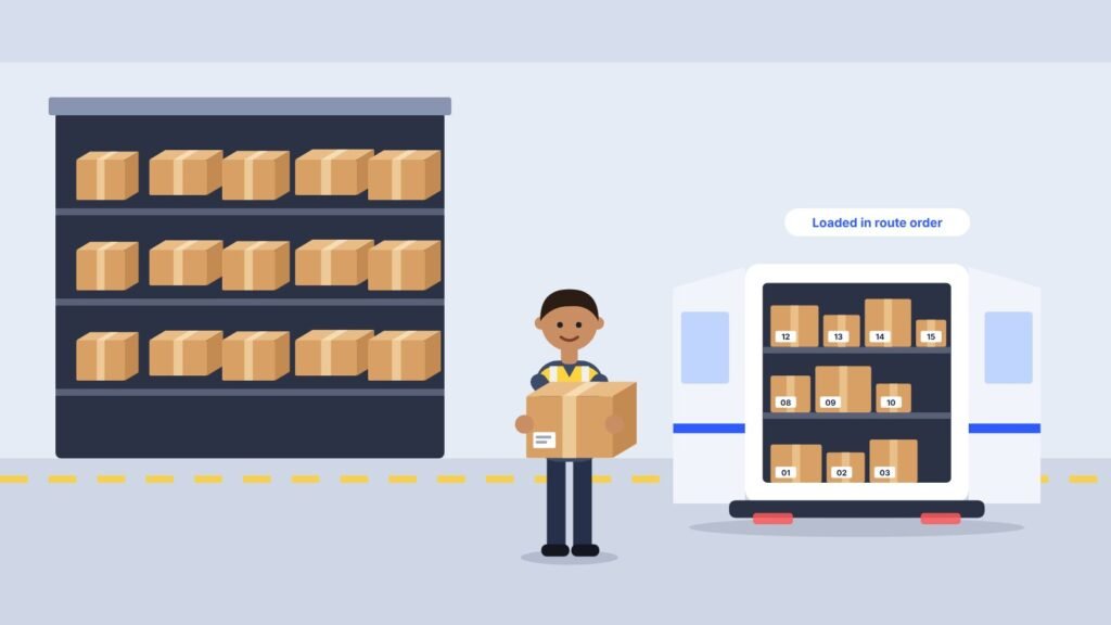 Driver loading parcels into a van at a depot