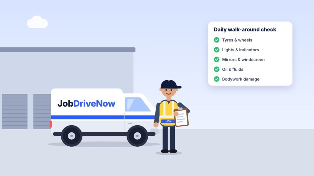 Owner-driver checking a white panel van before a round